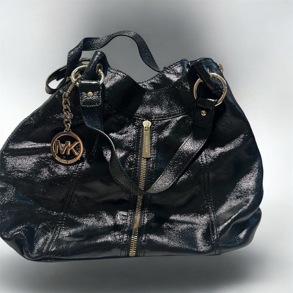 Michael Kors Handbags - Michael Kors Shiny Black Patent Tote with Gold MK Charm